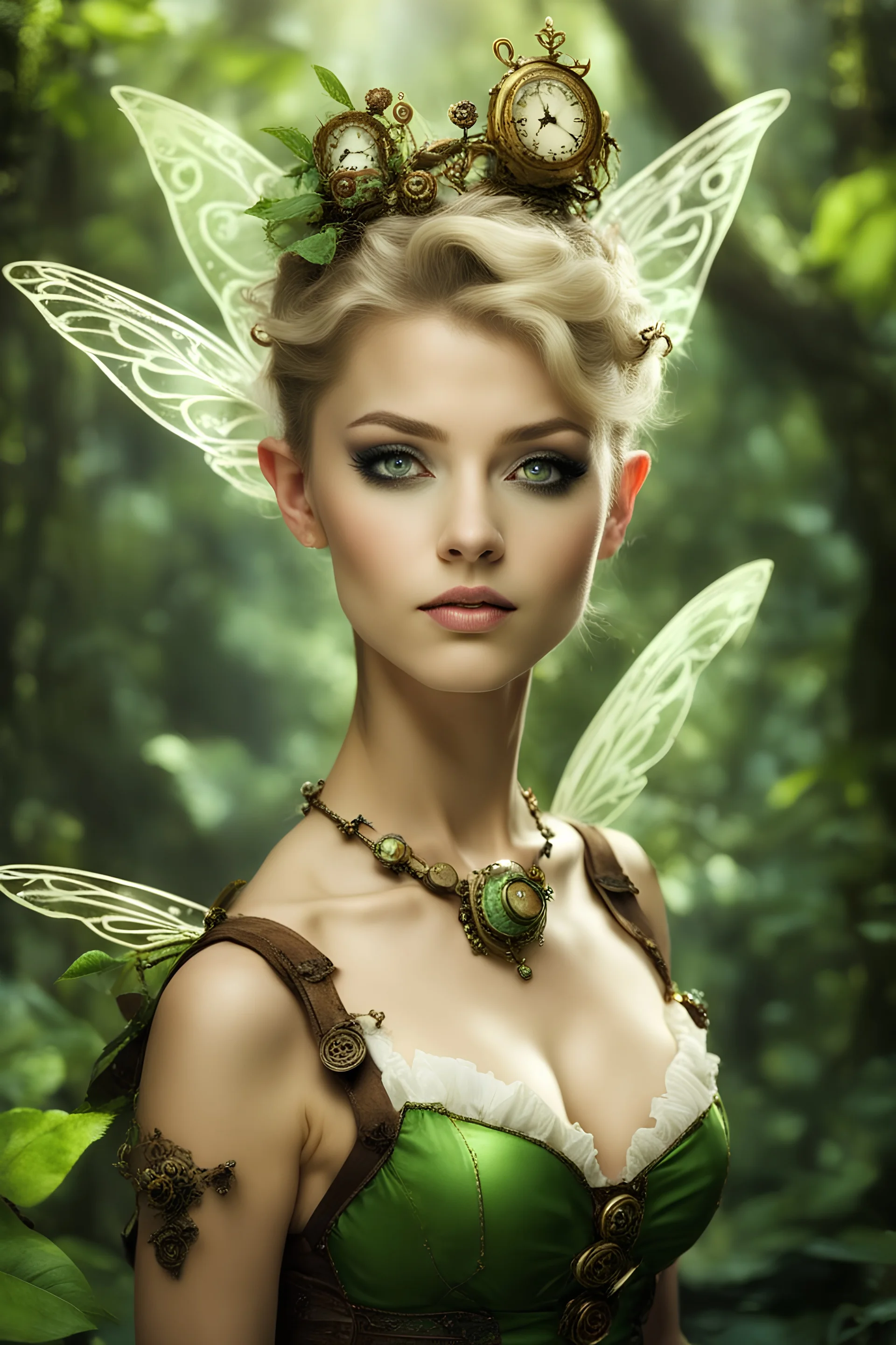 Gorgeous Realistic Photography steampunk pixie with a resemblance to Beautiful Tinkerbell,natural beauty, in wonderland jungles and Peter Pan