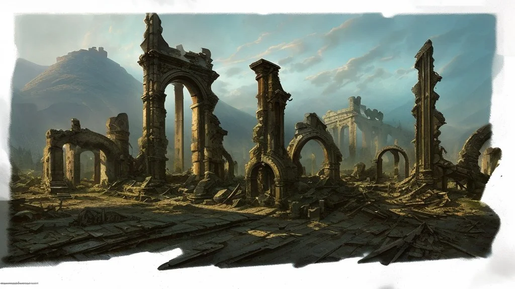 Destroyed City, medieval ruins, debris, stone, breched, brocken, Perspektiv from the sky, by Jean-Baptiste Monge, Ivan Bilibin, Albert Bierstadt, Reza Badrossama, watercolor ink, pencil sketch, splash art, intricate details, fantasy, beautiful, oil on canvas, award winning, imperial colours, fantastic view, radient colours, very attractive, crisp quality