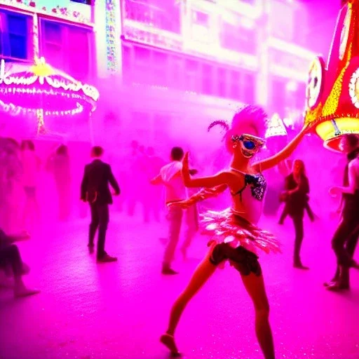 Ultra Realistic photo, medium shot view, drunken dancer sexy women, carnival scene, steampunk. Pink hair, confeti, Sunglasses, smoking, happy, festival, red fog. highly detailed, concept art, unreal engine 5, ray tracing, RTX, lumen lighting, ultra detail, volumetric lighting, 3d, finely drawn, high definition, high resolution.