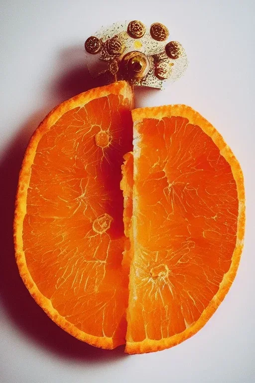 portrait, an orange cut open with tiny clockwork gears embedded in its rind, AbstractTech clockpunk, Food photography, beautiful, delicious food, recipe photography, realistic, natural light, colorful, food art, object photography, vignette, ultra HD