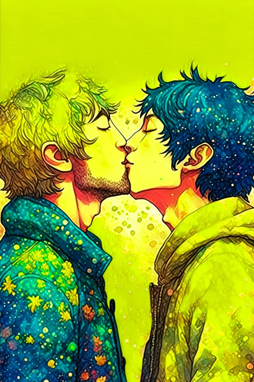 portrait anime man kissing man, ,yellow, stars hearts water, blue, watercolor, Yoshikata Amano, Edwin Landseer, Ismail Inceoglu, Russ Mills, Victo Ngai, Bella Kotak, hyperdetailed 8K resolution HDR DSLR, ultra detailed, ultra quality, CGSociety, intricately detailed, color depth, gliter, kiss