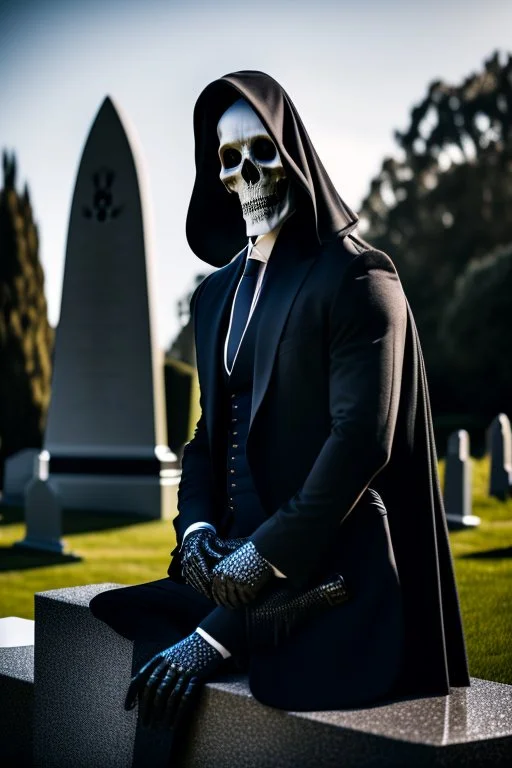 photo of a hoodless grim reaper wearing a suit, highlighting shiny areas of the skull, sitting outside a cemetery with a welcome sign, wearing suit, rim lighting, studio lighting, looking at the camera, dslr, ultra quality, sharp focus, tack sharp, dof, film grain, Fujifilm XT3, crystal clear, 8K UHD, clean, orange evening lighting