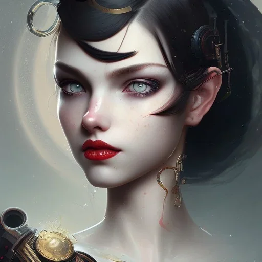 girl, cute, beautiful, godness face, heterochromia, red lips, black hair, steam punk, close up portrait by Greg Rutkowski