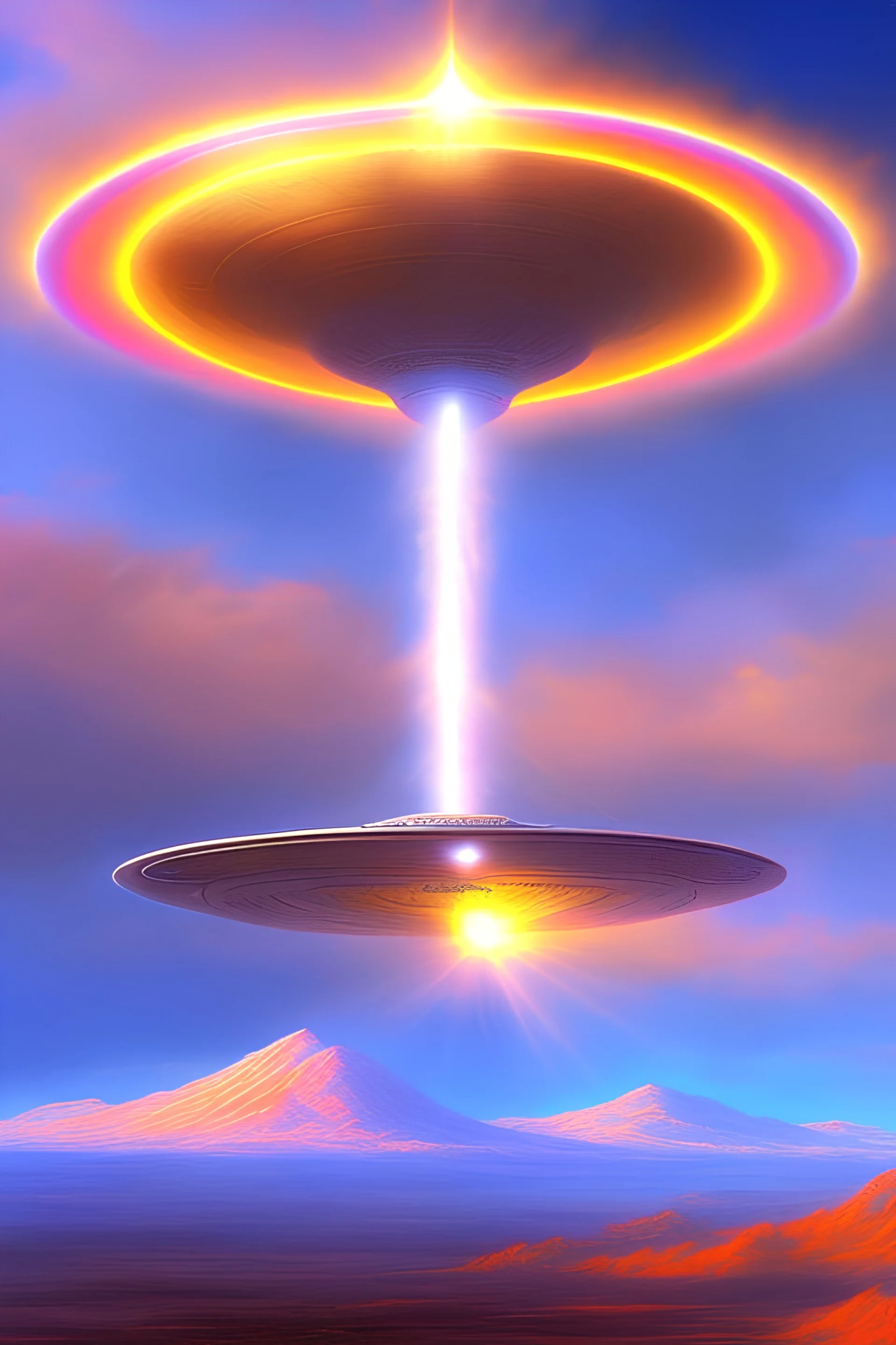 Very beautiful ufo, futurist, intergalactic, mother ship, ashtar command, interdimensionnal, rainbow