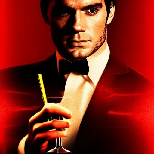 portrait of henry cavill as james bond, drinking a martini, red and golden, cinematic, noir, hd, 4k