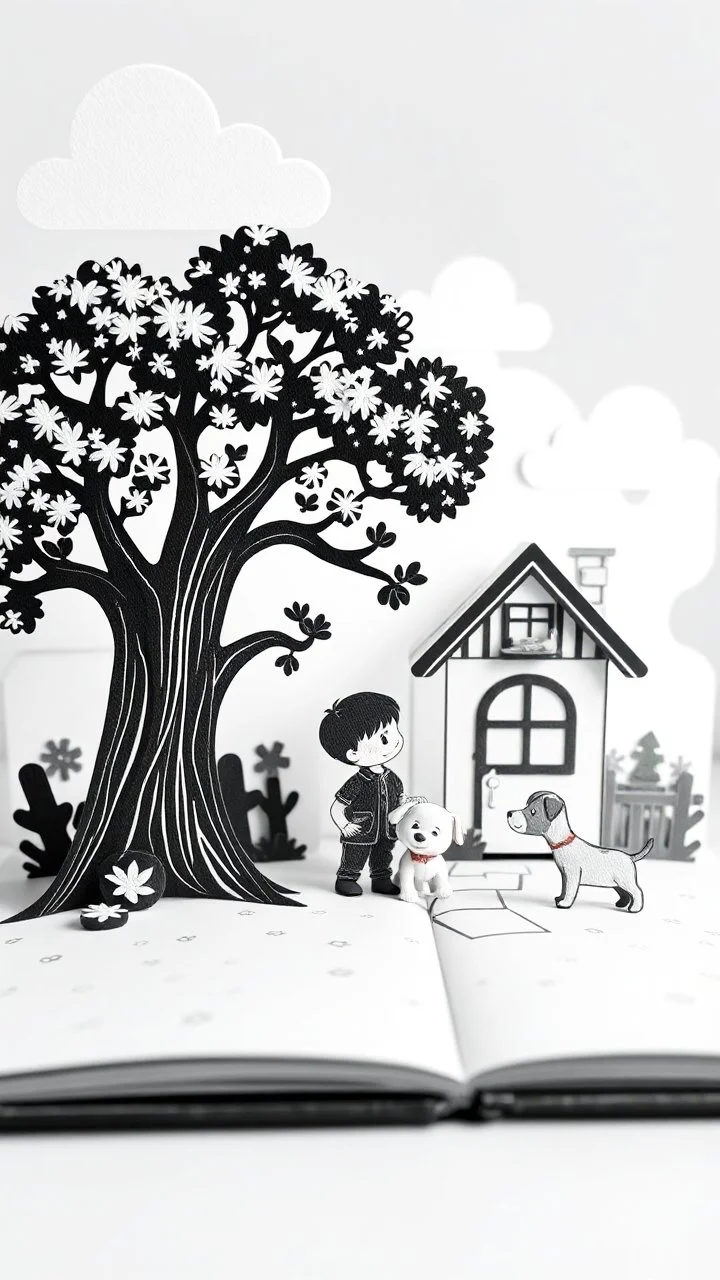 A children 3D Pop-up story book of a house and a boy with a tree and puppy in black and white only the clouds are blue