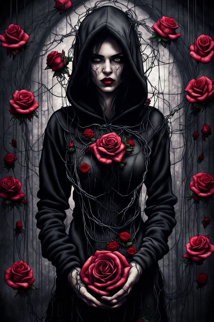 a beautiful and mysterious gothic woman entangled in wire and roses, hoody, dark and gothic lighting, ultra realistic and highly detailed, explosive background, epic, striking messy art style, cracked sealant surface and heavy textures , extremely beautiful