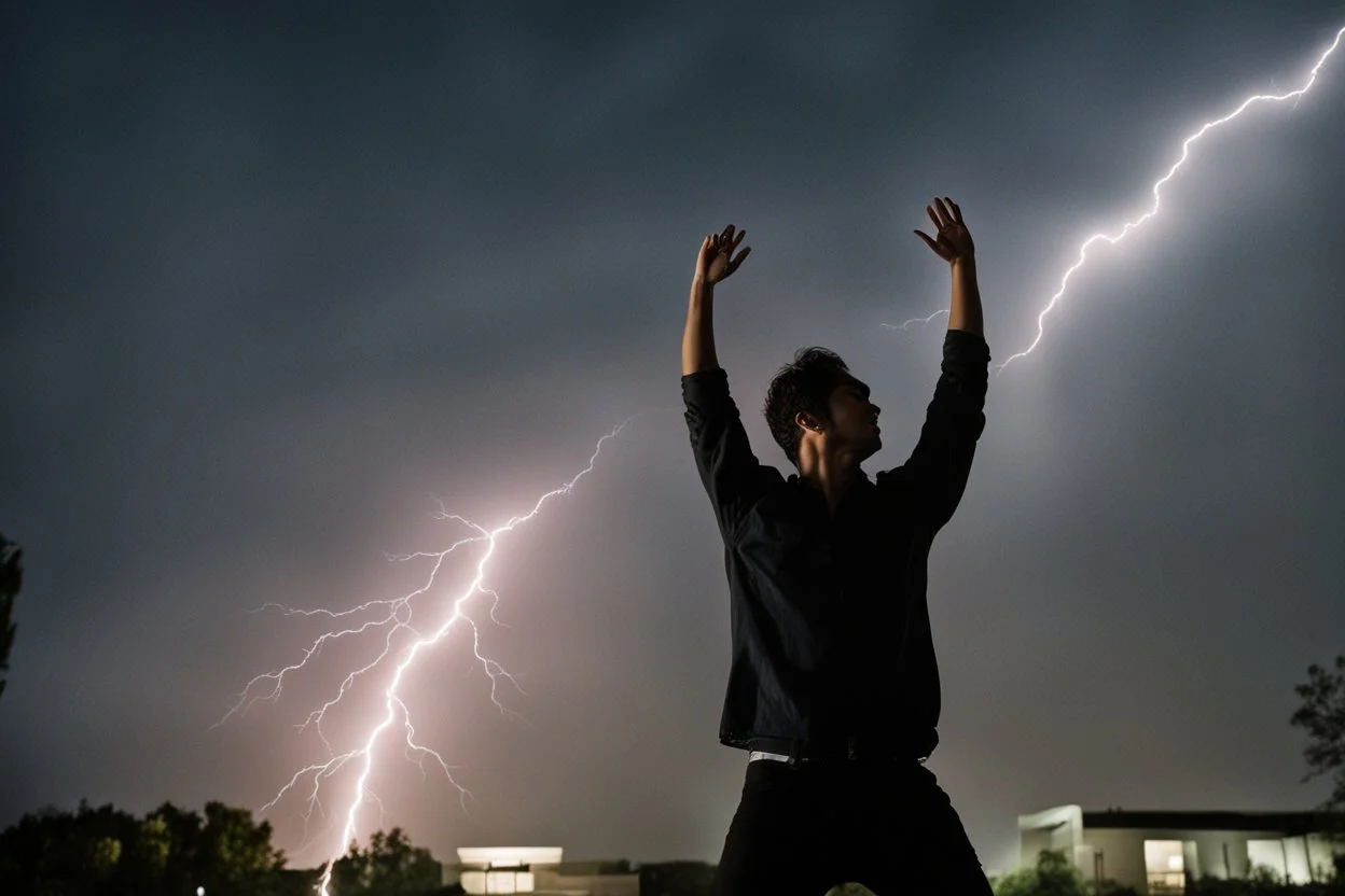 A young man standing, with arms raised, in front of a building at night, with red fork lightning