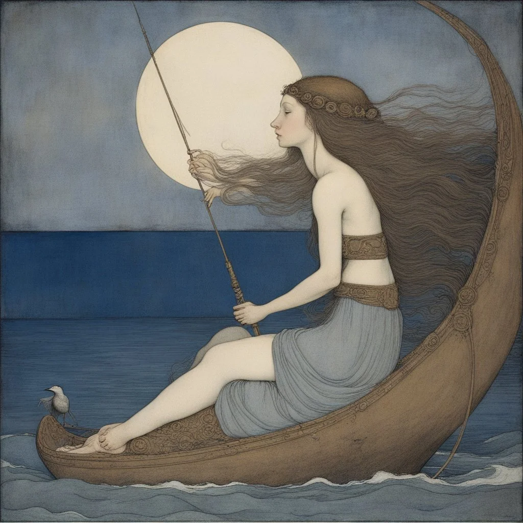 [art by john bauer] Circe the awesome nymph with lovely braids who speaks with human voice, sent us a hardy shipmate, yes, a fresh following wind ruffling up in our wake, bellying out our sail to drtve our blue prow on as we, 10 securing the running gear from stem to stern, sat back while the wind and helmsman kept her true on course. The sail stretched taut as she cut the sea all day and the sun sank