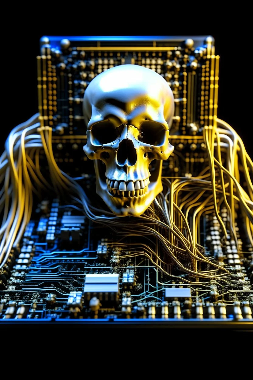 A computer chips and electronic components are connected by neurones human skull with tube to a live sustaining system