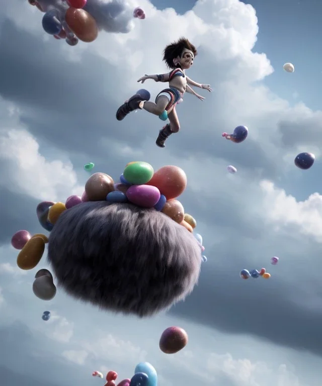 Ultra realistic speed clouds sky scene, wide angle view, strong men falling down with many Childs background, circus clothing style, feather color clothing, free jumping flying, many trinkets, hair monster, many jelly beans, balls, color smoke, smile, happy, extreme, wind, clouds sea, 20,000 feet altitude, stratosphere, soft color, highly detailed, unreal engine 5, ray tracing, RTX, lumen lighting, ultra detail, volumetric lighting, 3d, finely drawn, high definition, high resolution.