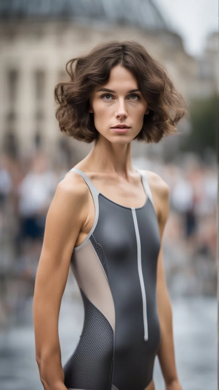 beautiful anorexic young woman, total shot, short shiny anthracite triathlon swimsuit, short brunette wavy bob hair, blurred city background