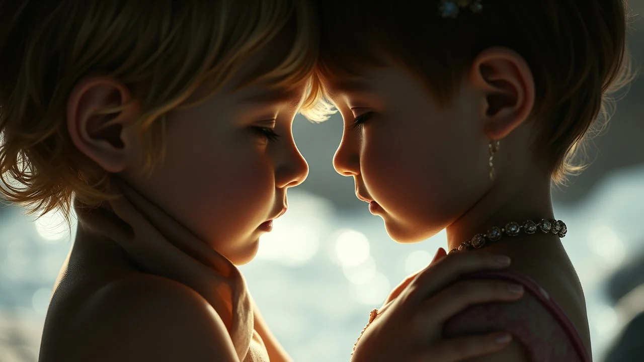 Beautiful "Brave New World", children, devotion, love, companionship, tenderness, exquisite composition, beauty, magic, fantasy, close foreground detail, beautiful intricate insanely detailed octane render, 16k artistic photography, photorealistic concept art, soft natural volumetric cinematic perfect light, chiaroscuro, award-winning photograph, masterpiece