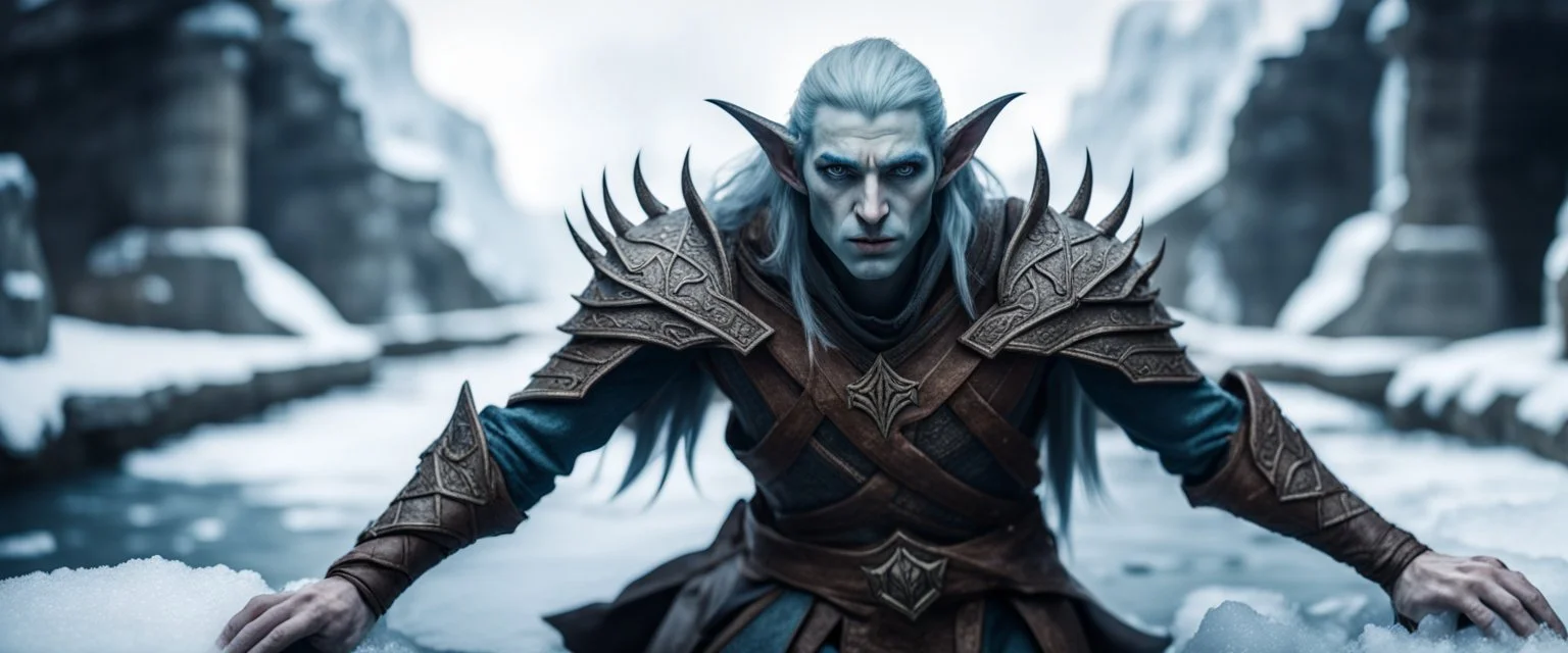 close up on psionic ancient half elf in threatening pose on ice stone bridge