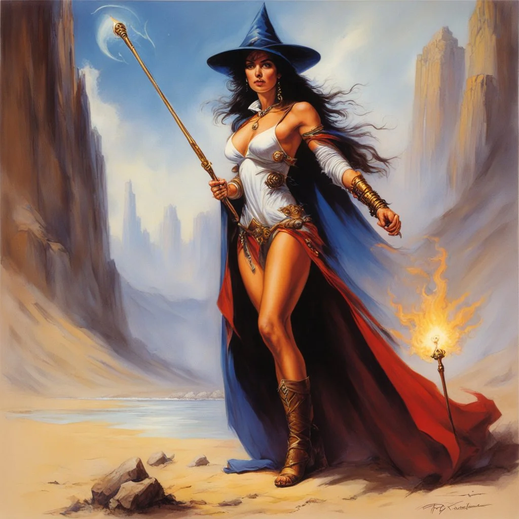 ConceptSheet [by Boris Vallejo]: woman wizard and her long rod with AD&D statistics