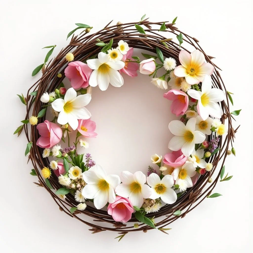 A hyper-realistic photograph of spring flowers and willow branches arranged in a wreath, top view composition, natural and soft mood, photorealistic style, macro photography, neutral background, diffused natural lighting, pastel and fresh tones, ultra high resolution --ar 16:9