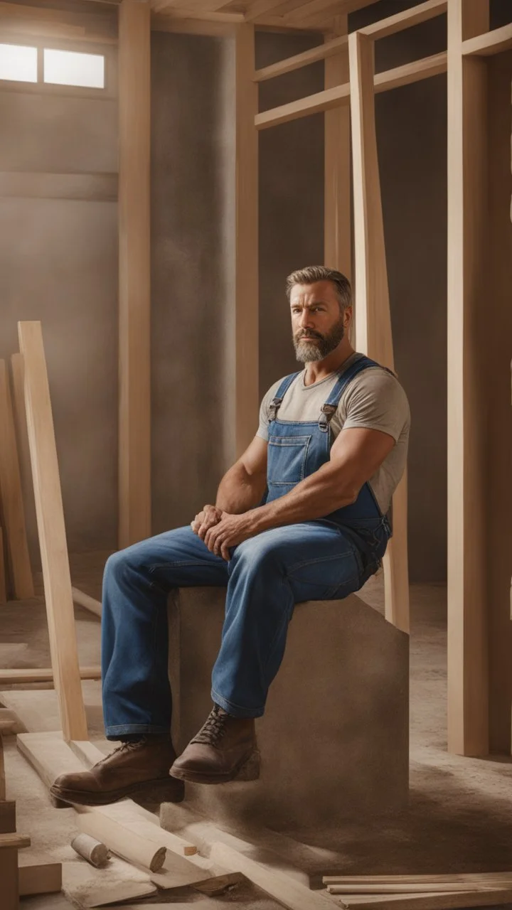 short, burly beefy robust italian bricklayer painter 40 years old, short hair, short blond beard, shirtless in bulging overalls, big calves, photorealistic, side light, inside a building under construction