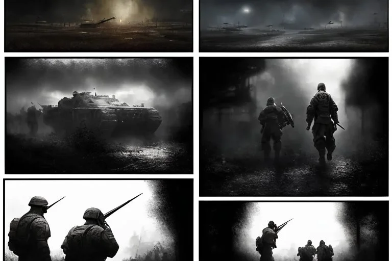 Masterpiece1:5)(Fineart), (award-winning:1.5), highest quality, (ultra realism:1.5) war journalism(,(by Tim Page and Hoorst Faas:1.5))(photorealistic:1.8), (Eastern Ukraine:(panel one:the moment after a battle ends, horrors of war, wounded men),(2nd panel, cinematic shot of men sitting in trench with 1000 yard stare (focus on their eyes:1.5)),(the third panel shows troops tired but hyper alert), (the fourth panel shows the sky is filled with incessant, fire and smoke,)