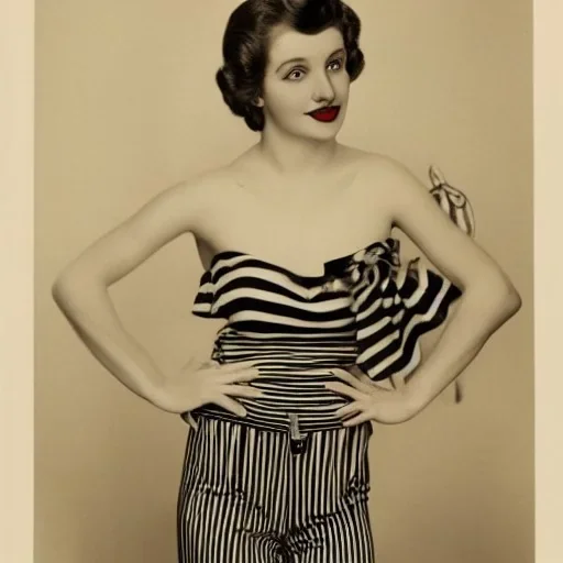 Beautiful Ziegfeld Girl with short hair on striped pants