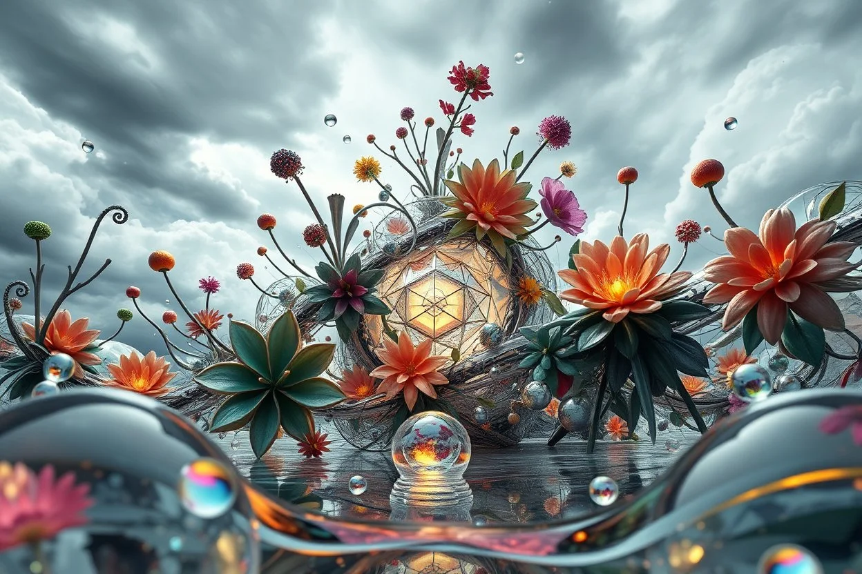 Dynamic complex hypnotic of 3D structures Symmetry twisting and morphing between cifi plants ,flowers and metal geometric forms , smooth translucent iridescent glass with inner glow and bubbles, varied transparent materials, stormy skies, intense dramatic