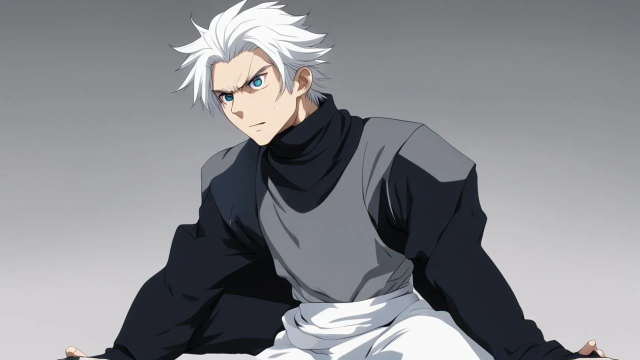 Satoru Gojo is a young guy white hair blue eyes black turtleneck without arms white loose pants in a defensive pose