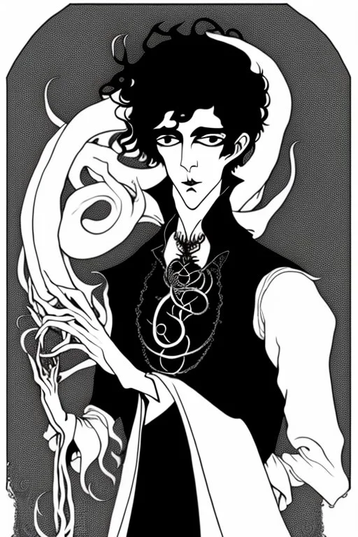 black haired young man necromancer wizard with gothic jewelry and tentacle fingers in the style of Aubrey Beardsley