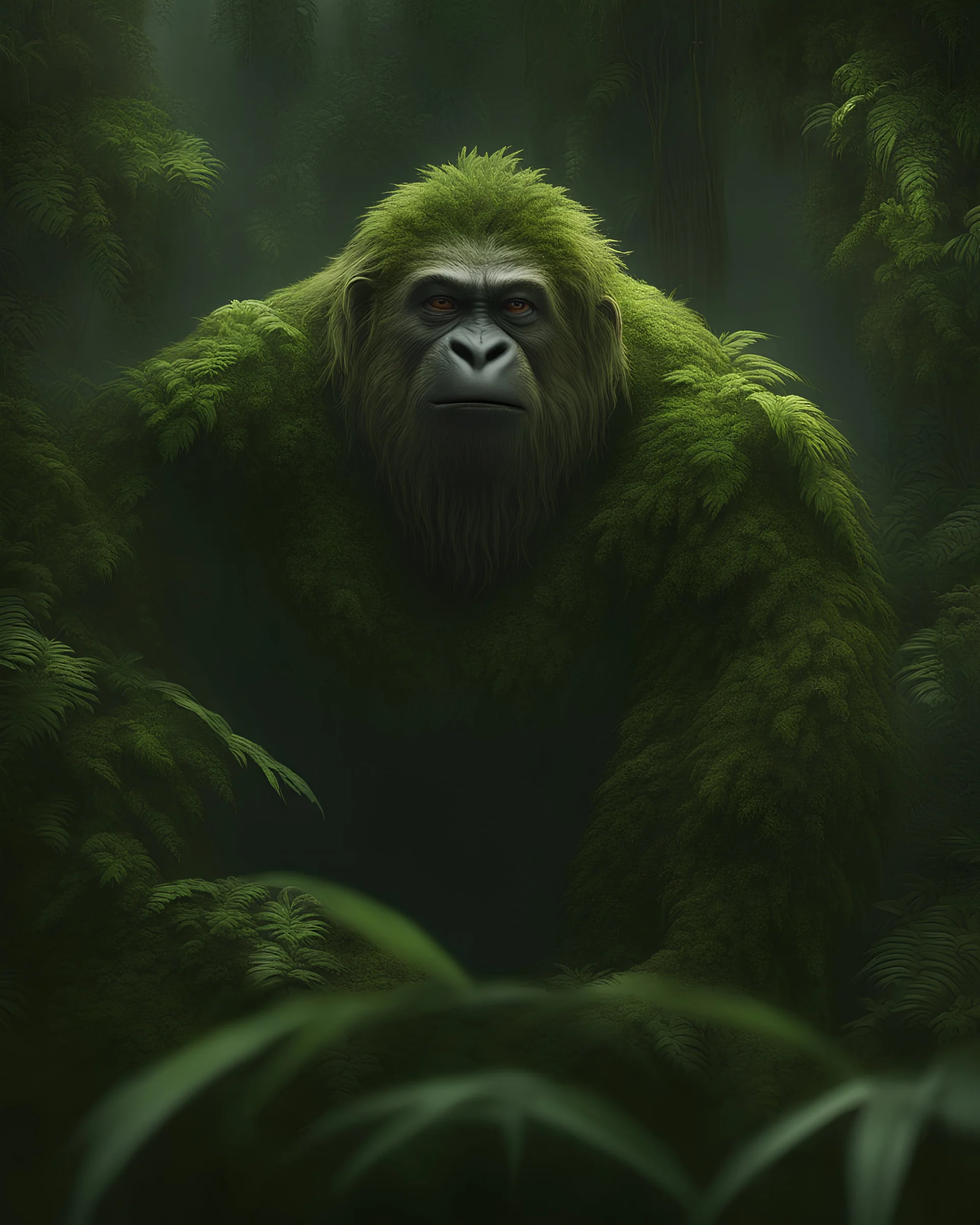 Craft a breathtaking 4K image of the legendary Yeti in the rainforest, showcasing hyper-realistic details. Capture the elusive creature amidst lush greenery, with every raindrop and strand of its shaggy fur meticulously depicted. Create a sense of awe and mystery as the Yeti's piercing gaze meets the viewer, immersed in the vibrant ecosystem of the rainforest. Include ferns, hanging vines, and dappled sunlight filtering through the dense foliage. Let your art transport viewers into a world where