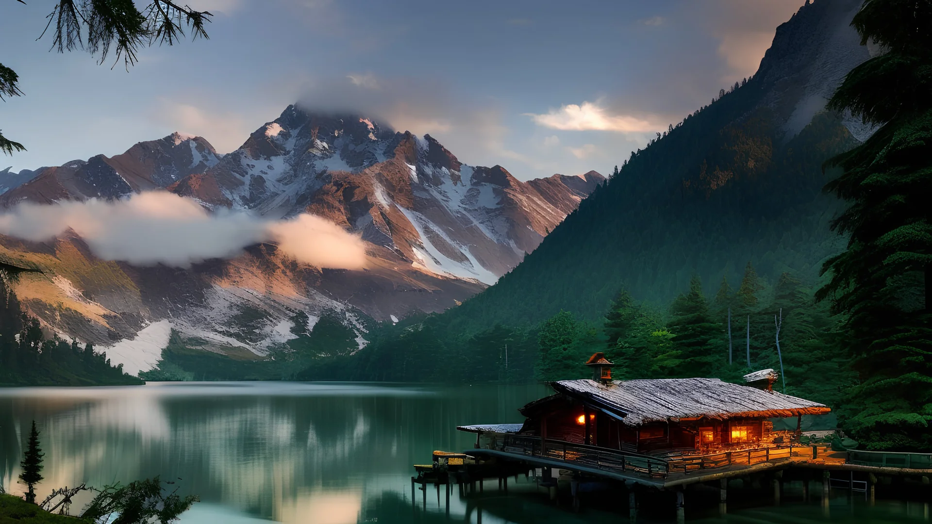 Stylized image of a forest, near a serene lake and mountains in the background at sunrise 8K