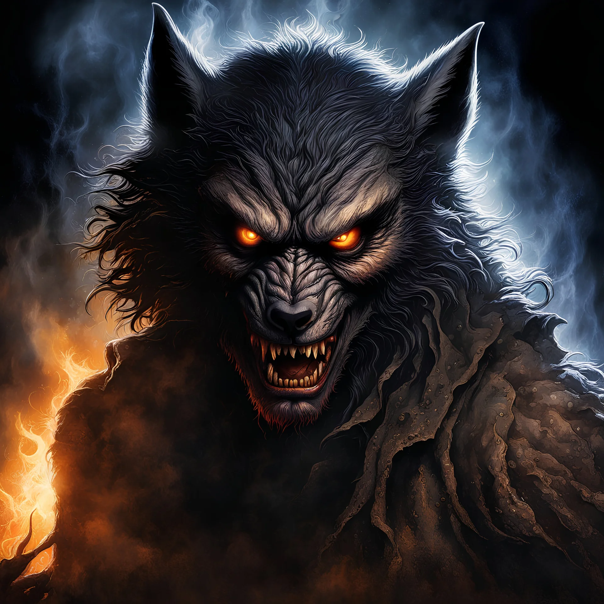 Horror movie photo poster title "WEREWOLF" by Drew Struzan, Dramatic Werewolf enveloped in the haze of a nightmare, David Palumbo and Dan Seagrave style, edge light, chiaroscuro, HDR 8k, uhd, high quality, cinematic, volumetric lighting, 8K, perfect orange eyes, perfect pupils, expressive eyes, smoke, particle effects, haze, ultra detail, light leaks, artstation trends, sharp focus, intricate details, highly detailed, uv reactive blacklight effects