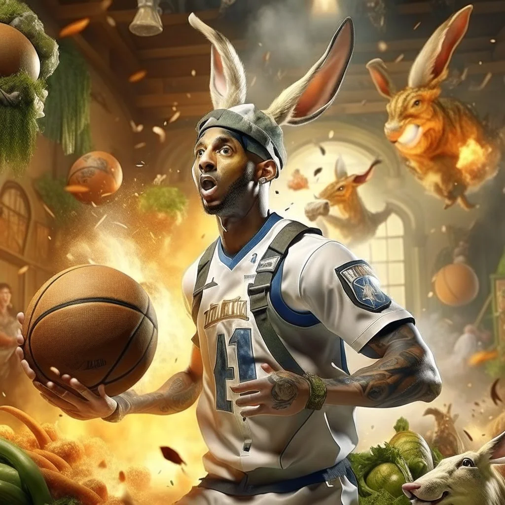 victory portrait of crazy cook army officer playing basketball inside grove with fluffy hare with mutations getting blasted by explosion, 4 k, down-light, soft light, depth of field, photo realism, trending on art station, high detail, spray paint