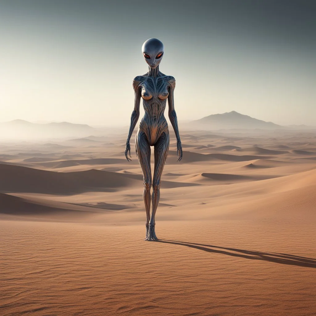 Amidst the desolate landscape, a female alien emerged from the shimmering heat haze. Her form was unlike anything seen on Earth, yet strangely captivating. Multiple eyes, each a different hue, scanned the horizon with the precision of advanced sensors. As she moved across the barren terrain, her movements were fluid and graceful, Each limb moved with purpose, adjusting her trajectory across the sandy expanse. Occasionally, she would pause, Her communication came not in words, but in pulses of li