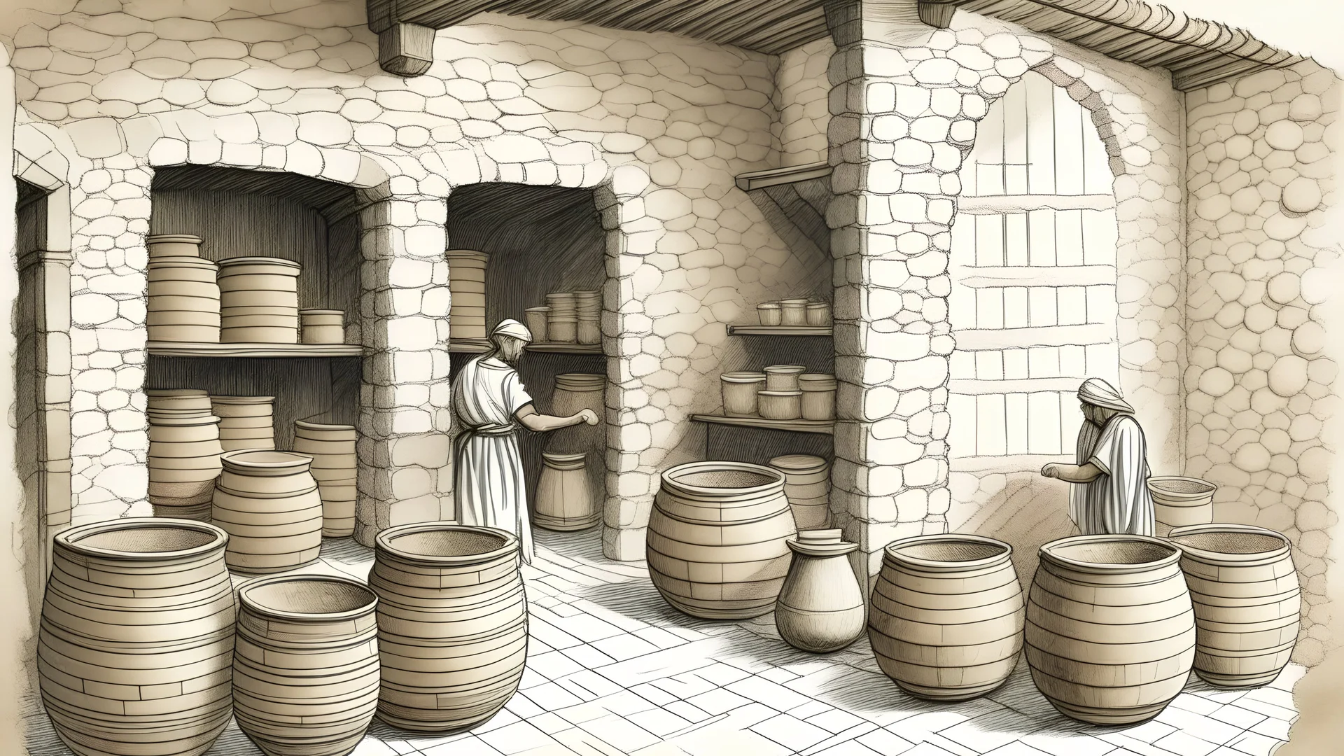 A drawing of a flour store in ancient times