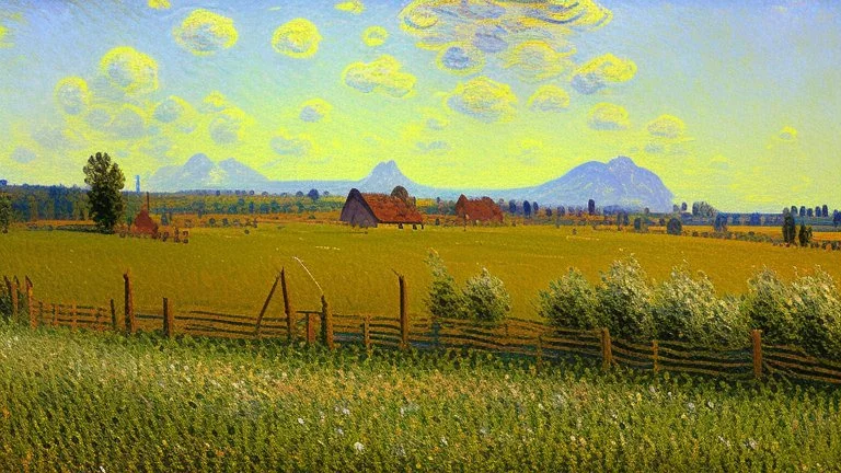 Sunny day, Distant mountains, field fence, alfred sisley impressionism painting