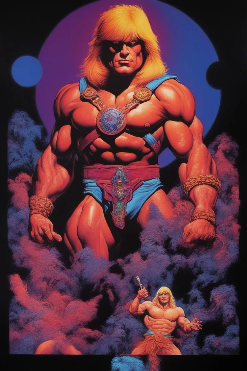 in the dead of night the bright moon shines down on a giant, extremely colorful He-Man facial portrait, acrylic on canvas, florescent black light poster, in the art style of Boris Vallejo,