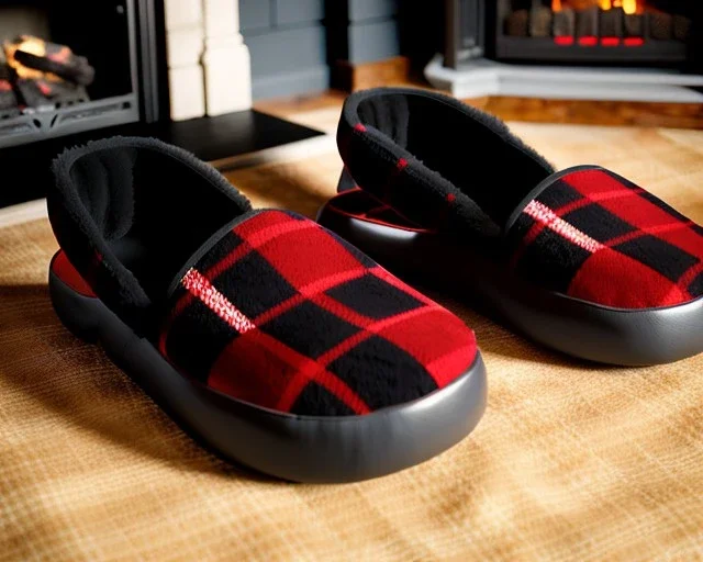 Red plaid slippers on black bearskin rug,log cabin walls, stone fireplace