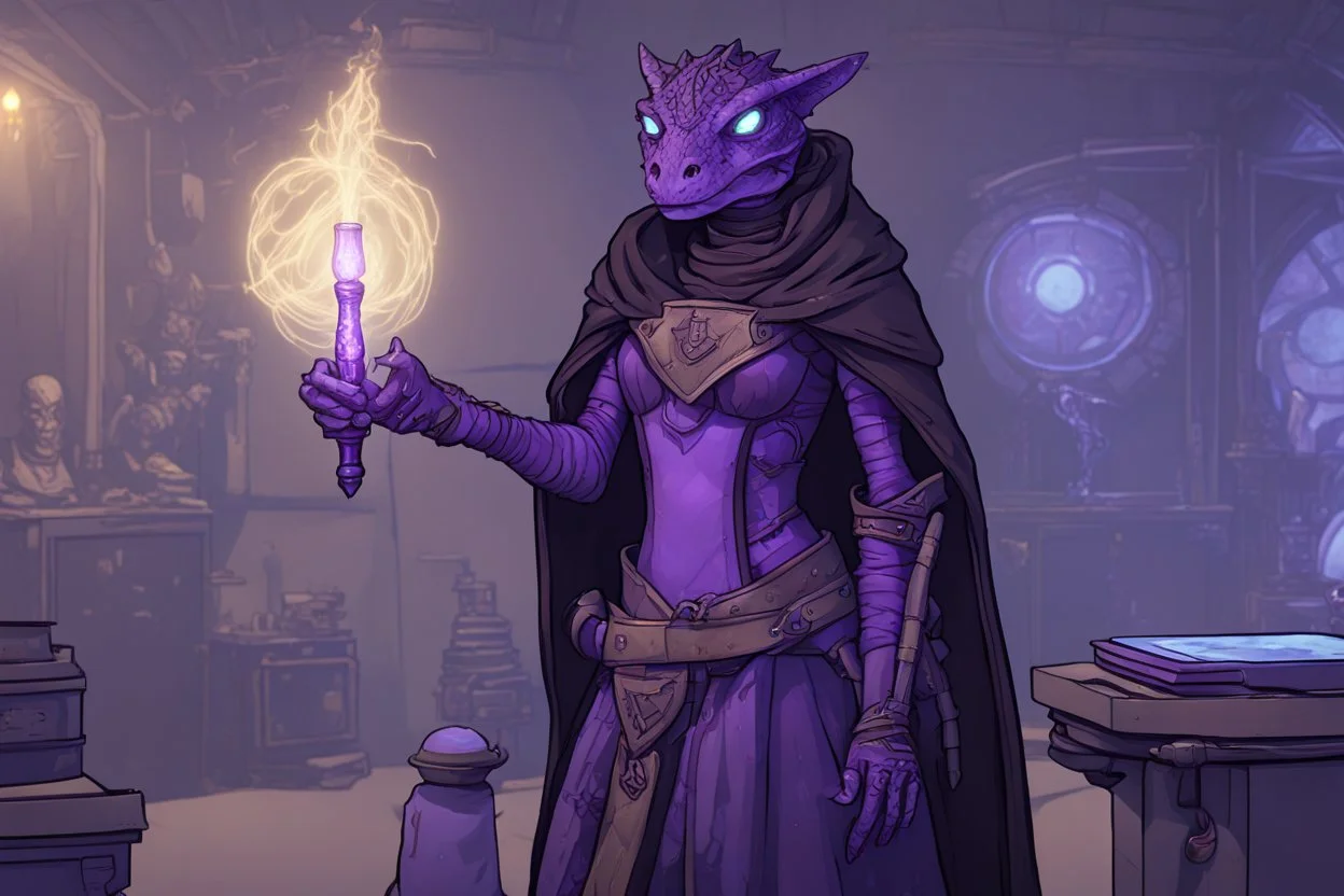 a black and purple, female argonian artificer who uses Tesla coils, skinny, wearing little armor and a cloak, in her lab