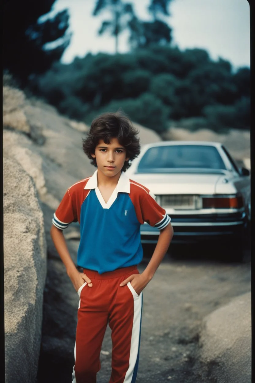 eleven year old mediterranean boy dressed track pants, early 80's color photo