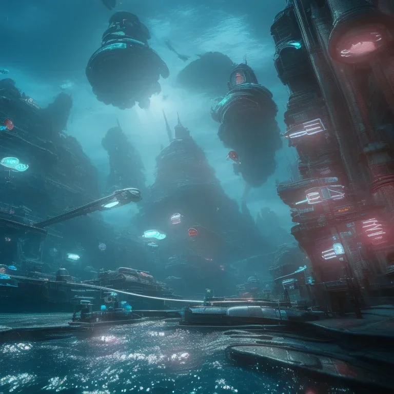 sunken underwater futuristic city , fish swimming around, highly detailed, cinematic, ultra photorealistic, ultra realistic, volumetric lighting