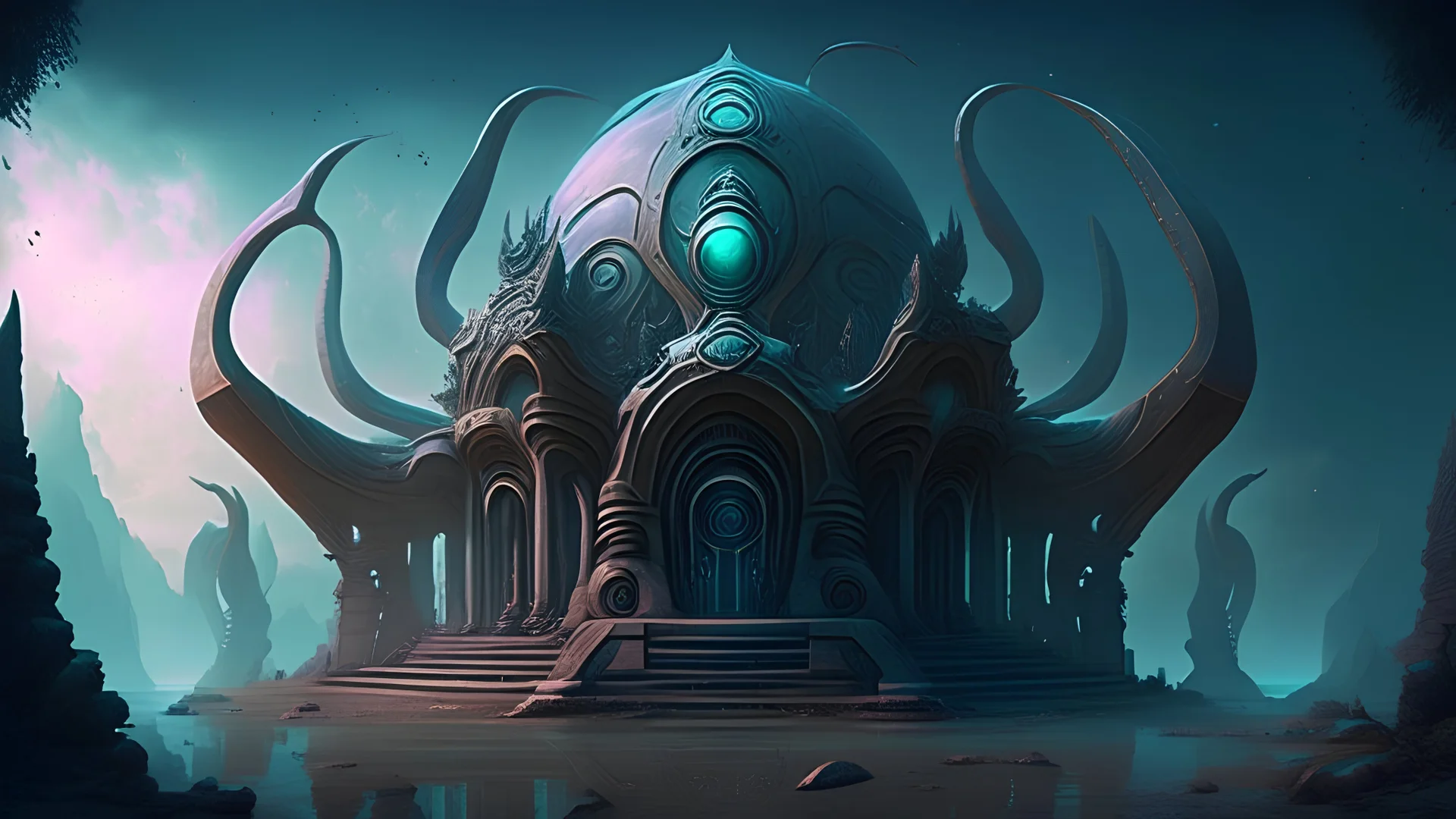a fantasy temple in a alien style