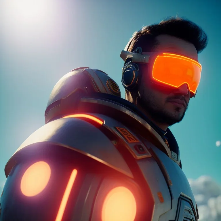 portrait, eternal samurai fusion space suit, floating in space, sun burning bright in background, neon light, 8k, 3d, blender