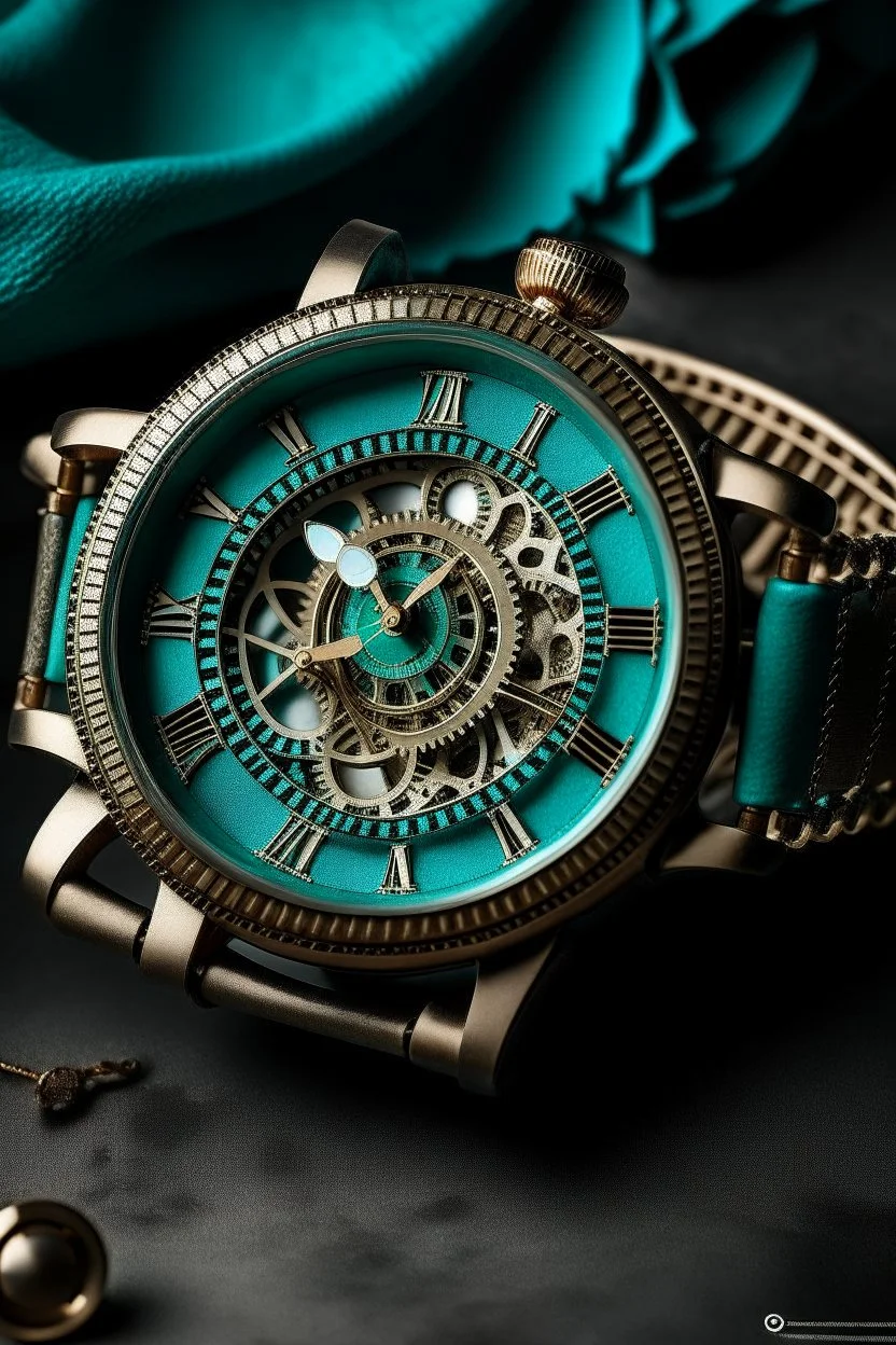 Generate a high-resolution image of a vintage turquoise watch band elegantly wrapped around a cog-themed timepiece in a stable setting. Ensure the colors and textures evoke a sense of timeless stability and reliability."