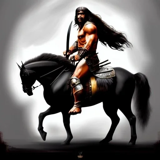 ultra detailed portrait of Conan the barbarian Riding a black horse, wearing armor and Sword, extremely detailed digital painting, extremely detailed face, in the style of robert e howard and Simon Bisley and Ashley Wood, mystical colors, rim light, beautiful lighting, 8k, stunning scene, raytracing,perfectly centered image, perfect composition