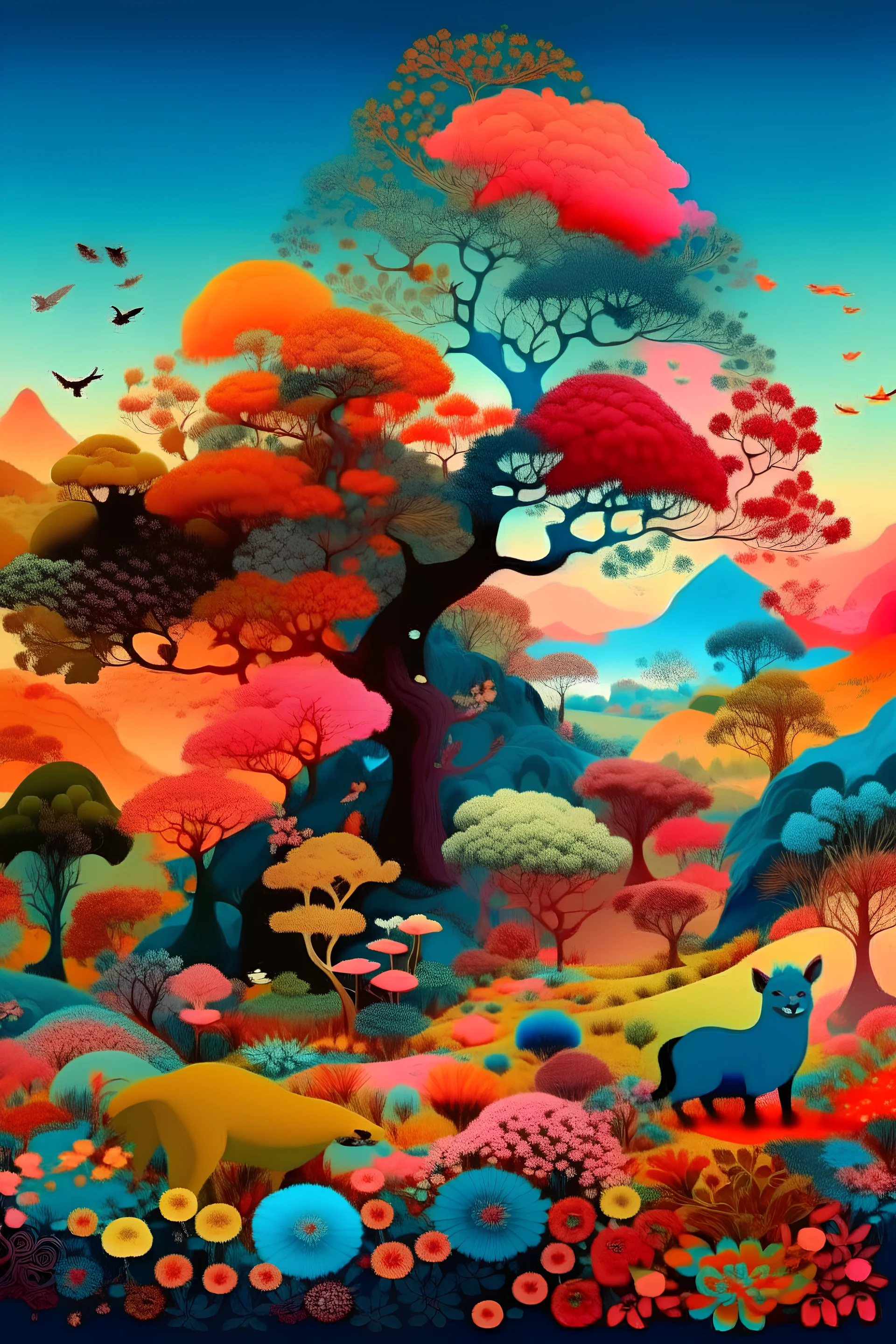 paisaje con arboles de formas raras, con flores de todos colores y gatos de todo tipo