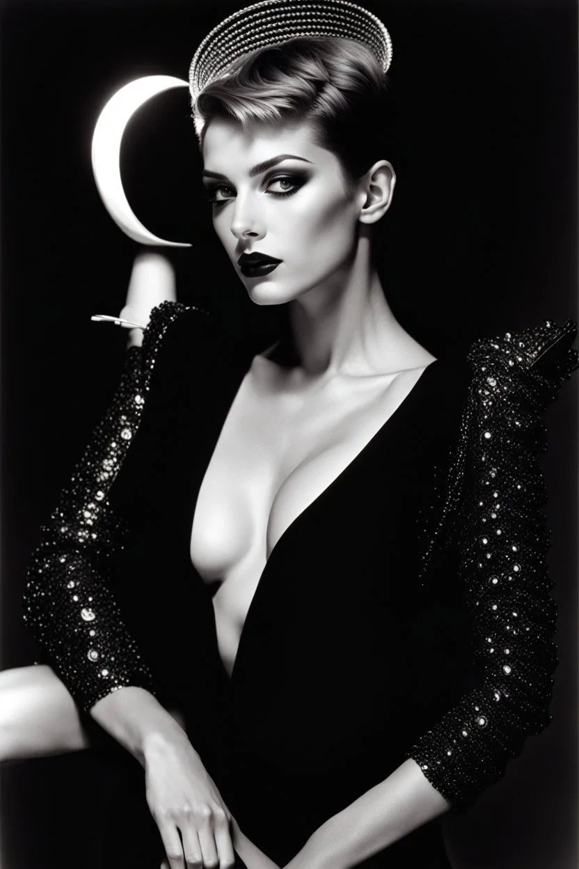 God, short-haired attractive woman, glamour medium format photography, imperfections, weirdness, 18-years old, best boo bs ever, helmut newton's fantasy, female perfection, godess, lustful dream model, eva-costume, black studio background, 1990's, bilitis, tendres cousines, david hamilton, dancer, crazy horse paris, b&w photo