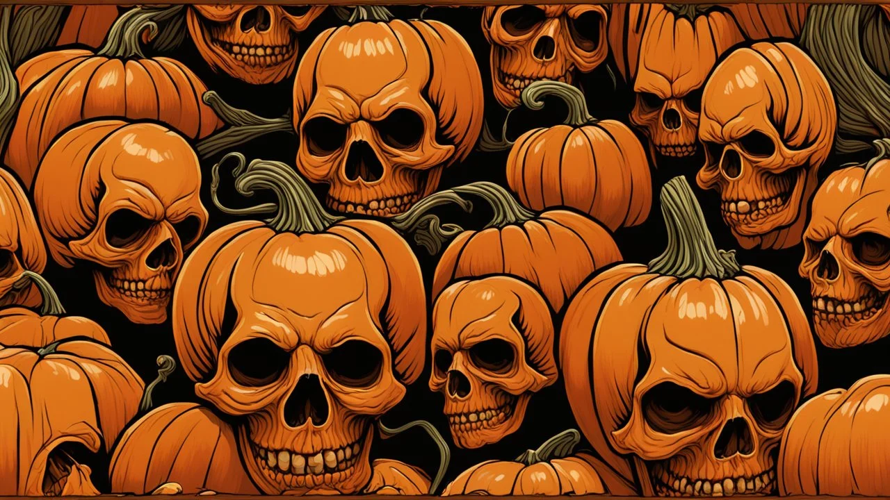 photorealistic, anatomically correct, various sizes, view of dozens of orange human skull pumpkin hybrids growing from a pumpkin vine in a large field, designed to look like a pumpkin patch, painted orange, growing off of a vine orange skulls, evil dead atmosphere, highly detailed, sharp focus, random two toned highlight, digital painting, artstaion, concept art, brooding, highly meticulous detail throughout image