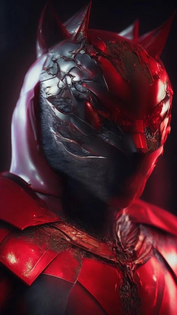 Iconic Cat-Man, Glowing red and silver, ultra-detailed armor, eye mask cat, stunning portrait, dynamic shot, richly saturated colors, full stature, full body, cinematic atmosphere, global illumination, intricate shadows, reflections, Octane rendering, hyper-realistic, unparalleled detail, 8K , concept art, physically based rendering, intricate textures, subsurface scattering, timeless masterpiece, AI enhanced, GAN, ray tracing, depth of field, neural network,