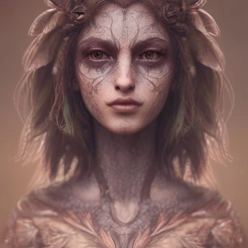 karlan, rusty metal, feathers, Dryad, fae, sidhe, ominous, nature, plants, wildflower, facepaint, dnd character portrait, intricate, oil on canvas, masterpiece, expert, insanely detailed, 4k resolution, retroanime style, cute big circular reflective eyes, cinematic smooth, intricate detail , soft smooth lighting, soft pastel colors, painted Renaissance style
