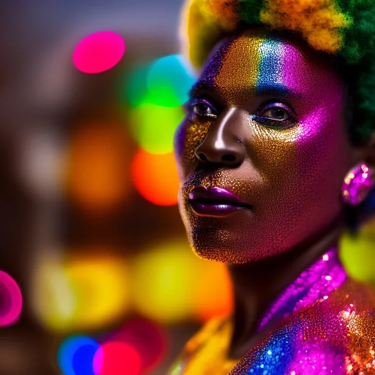 older man, fourty years old, masterpiece, best quality, family of three, ebony skinned, sparkling eyes, fluorescent skin, colorful makeup, afro, highly detailed body, afrofuturism, scifi, sun light, 4K, RAW, depth of field, high contrast, realistic details, 24mm