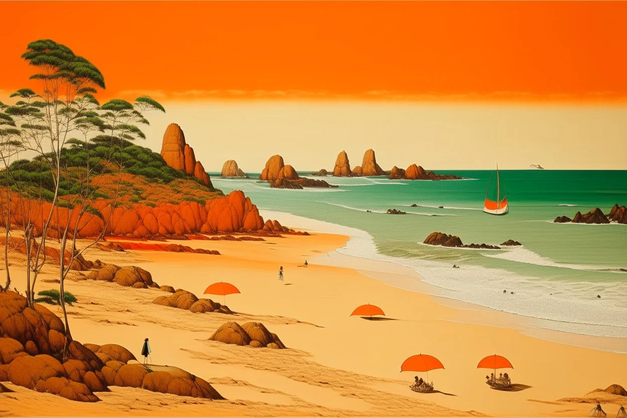 An orange colored beach near a coast designed in Australian aboriginal art painted by Utagawa Hiroshige