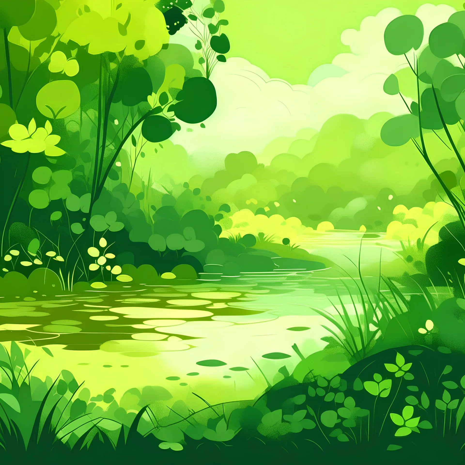 Abstract illustration of a garden with a lake. Colors are light green and yellow. Some parts of image are very out of focus. Heavy grain texture.